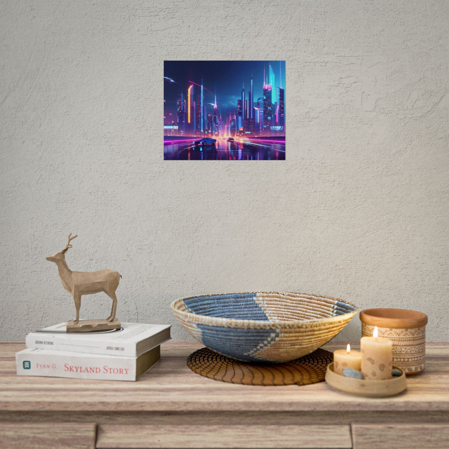 Futuristic City Glow: Neon Lights Digital Art - Poster