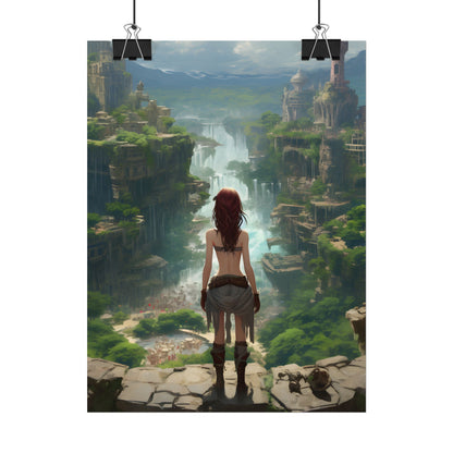 Dramatic Birds Eye View: Red Haired Anime Girl in Urban Landscape - Poster
