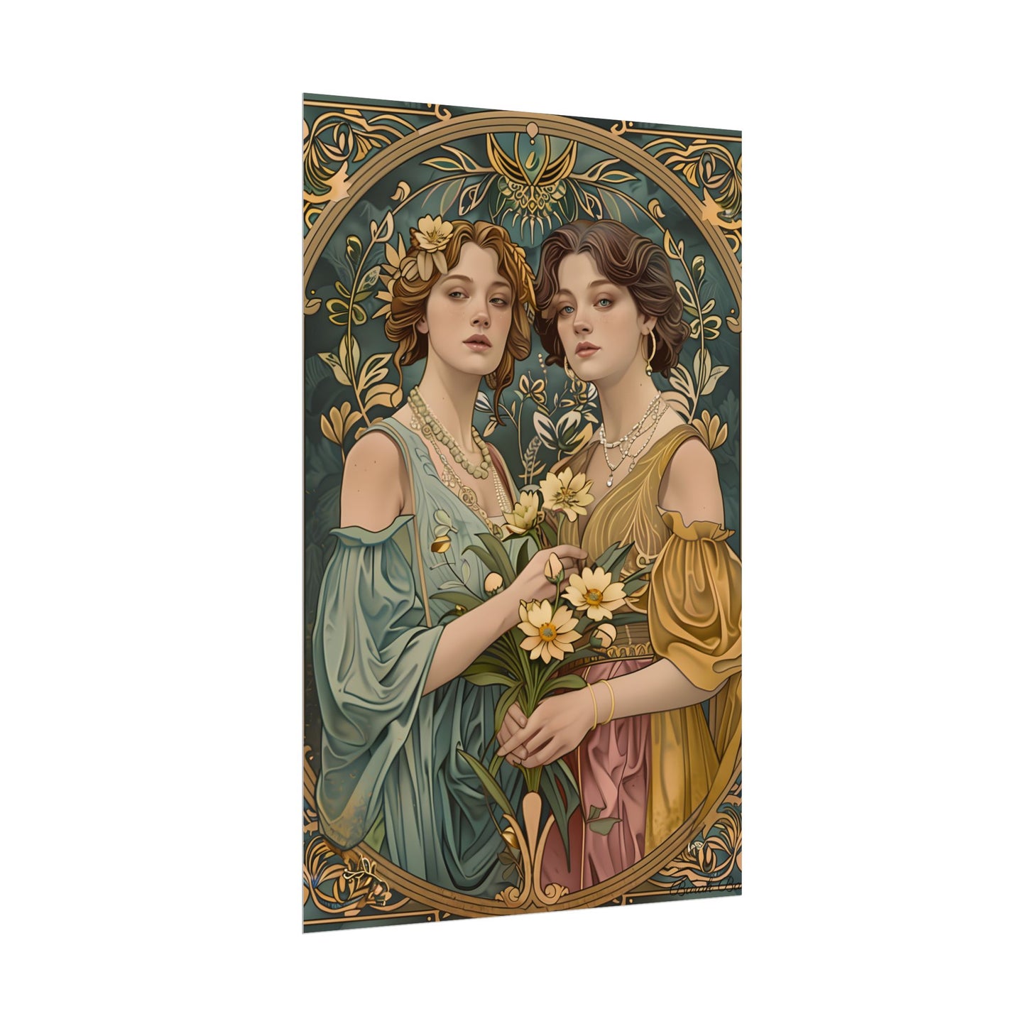 Two Women in Ornate Attire Holding Primr: Traditional Turkish Artwork - Poster