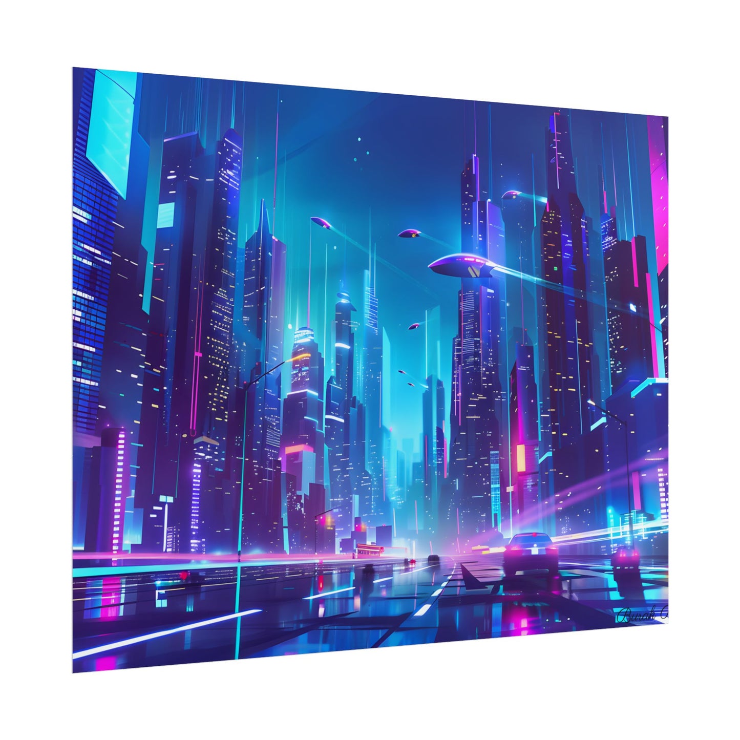 Futuristic Neon City: Towering Skyscrapers in a Vibrant Nighttime Sky - Poster