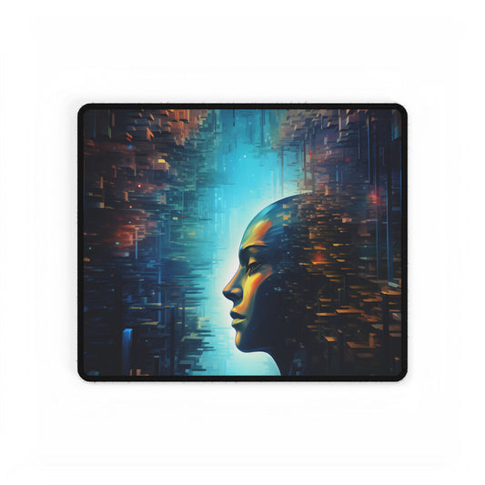 Cyber Dreams: Futuristic Digital Artwork with Neon Lights - Desk Mat