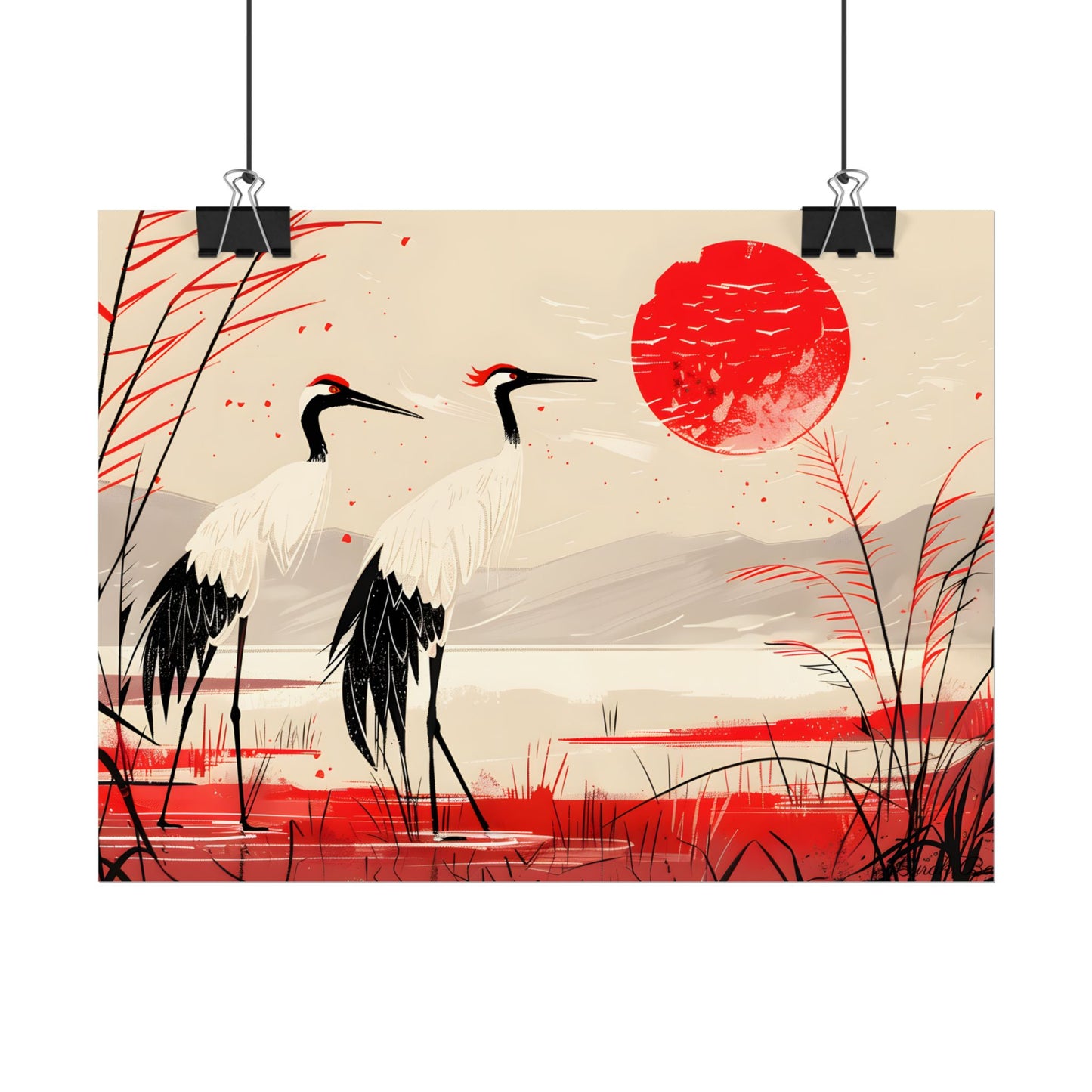 Peaceful Cranes in Serene Nature: Landscape Artwork - Poster