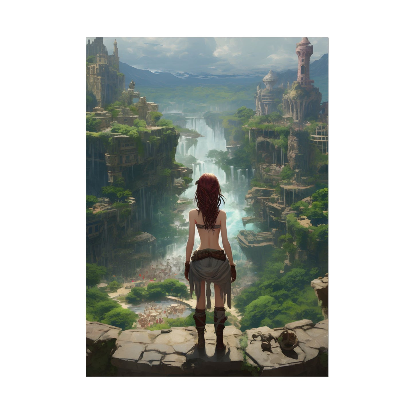 Dramatic Birds Eye View: Red Haired Anime Girl in Urban Landscape - Poster