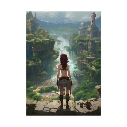 Dramatic Birds Eye View: Red Haired Anime Girl in Urban Landscape - Poster