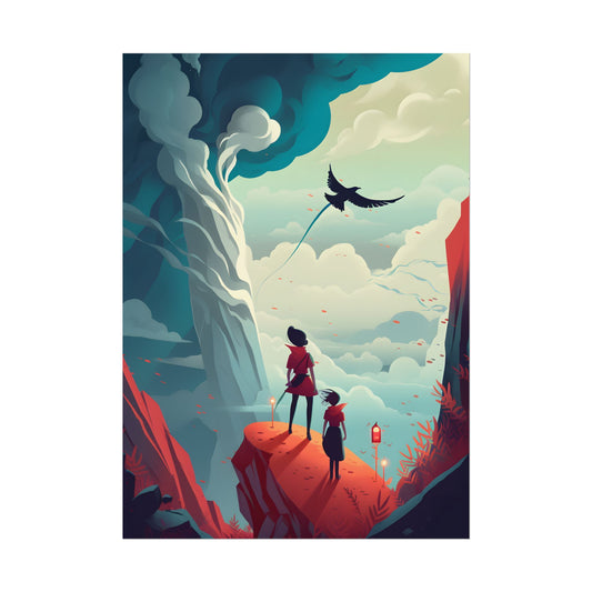 Girl and Boy: Serene Meadow Scene with Cloudy Sky - Poster