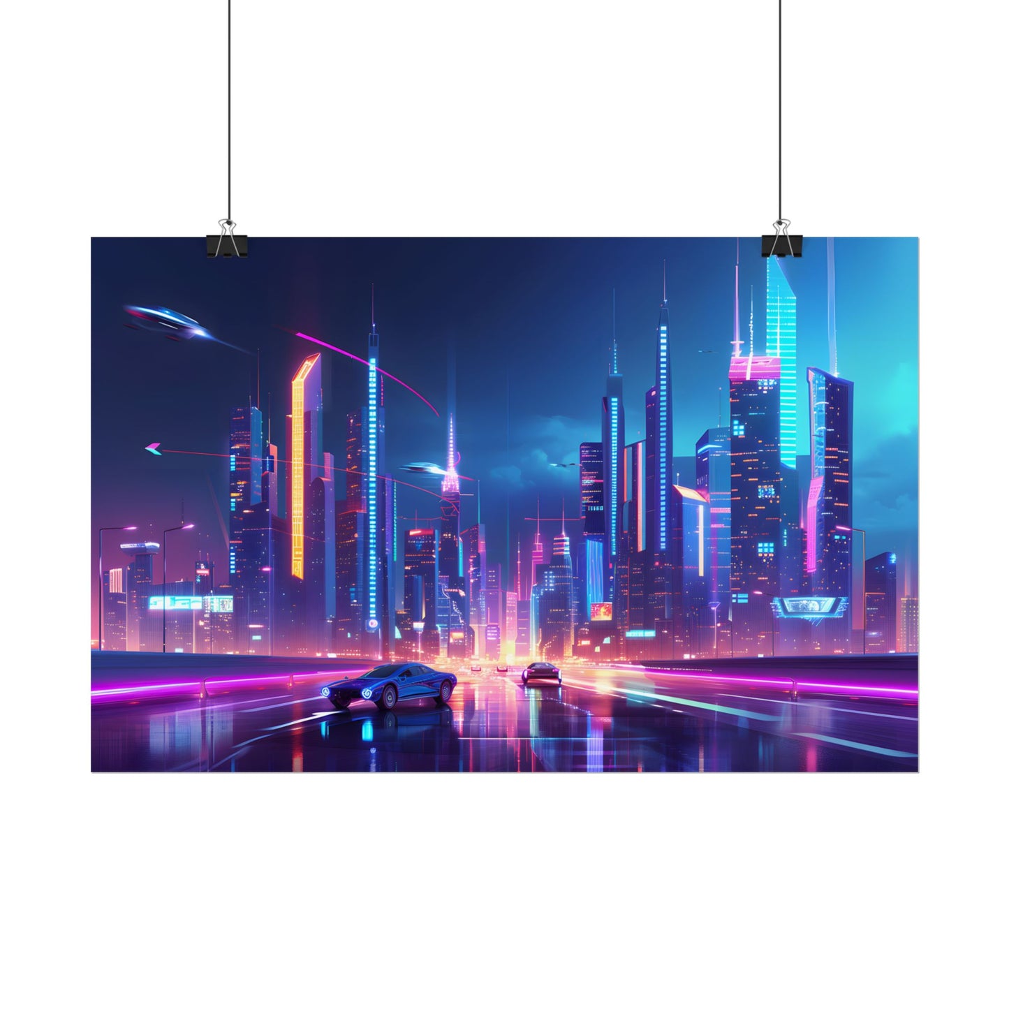 Futuristic City Glow: Neon Lights Digital Art - Poster