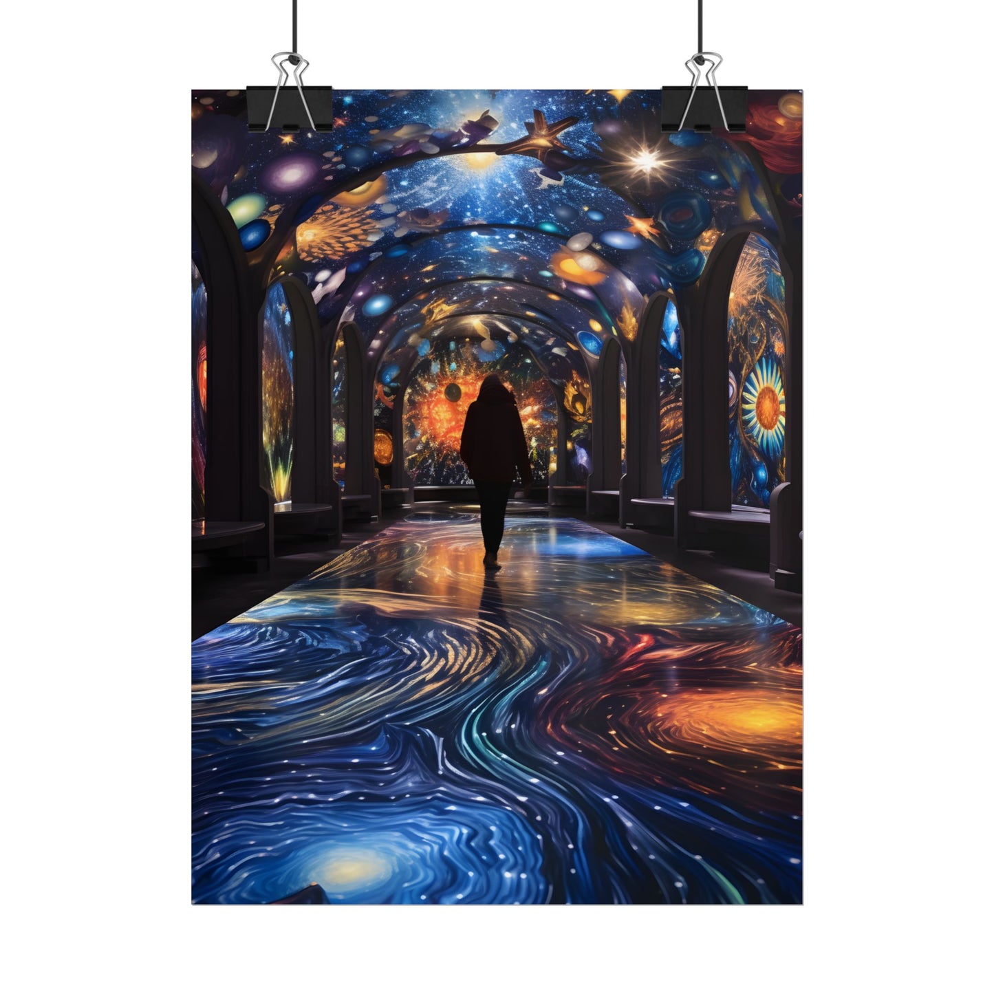 Celestial Art Gallery: Vibrant Space-Themed Artwork in a Colorful Interior - Poster