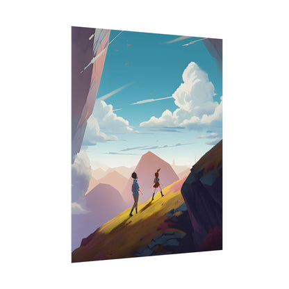Young Boy and Girl on Cloudy Meadow: Outdoor Landscape Art - Poster
