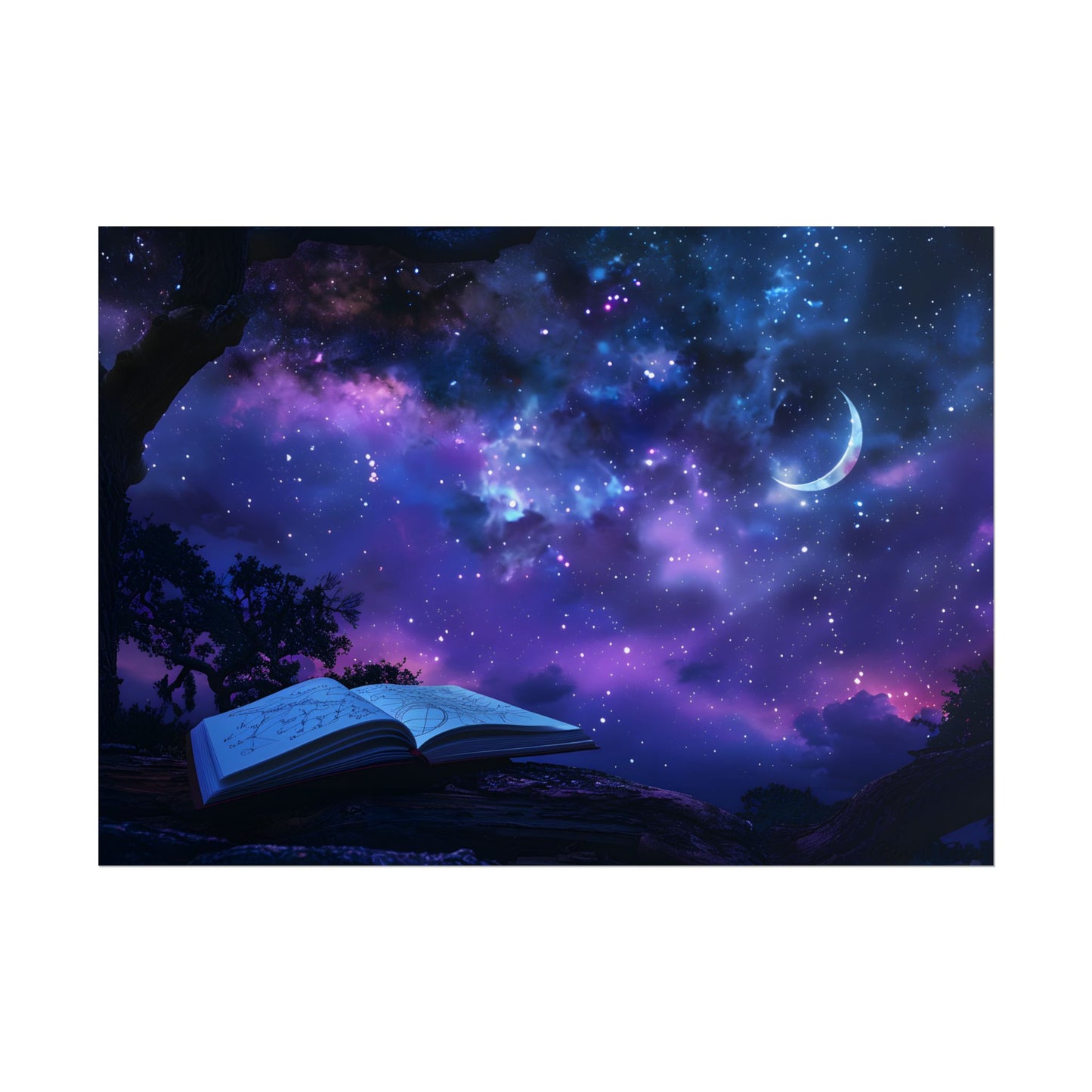 Mystical Night Sky: Stars and Crescent Moon - Poster