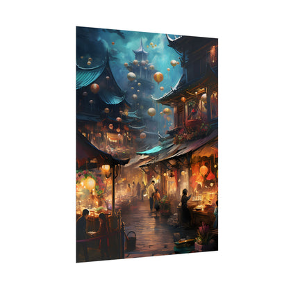 Enchanted Street Food Market: Vibrant Evening Artwork - Poster