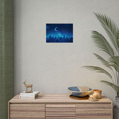 Peaceful Night Sky with Crescent Moon: Starry Digital Art - Poster