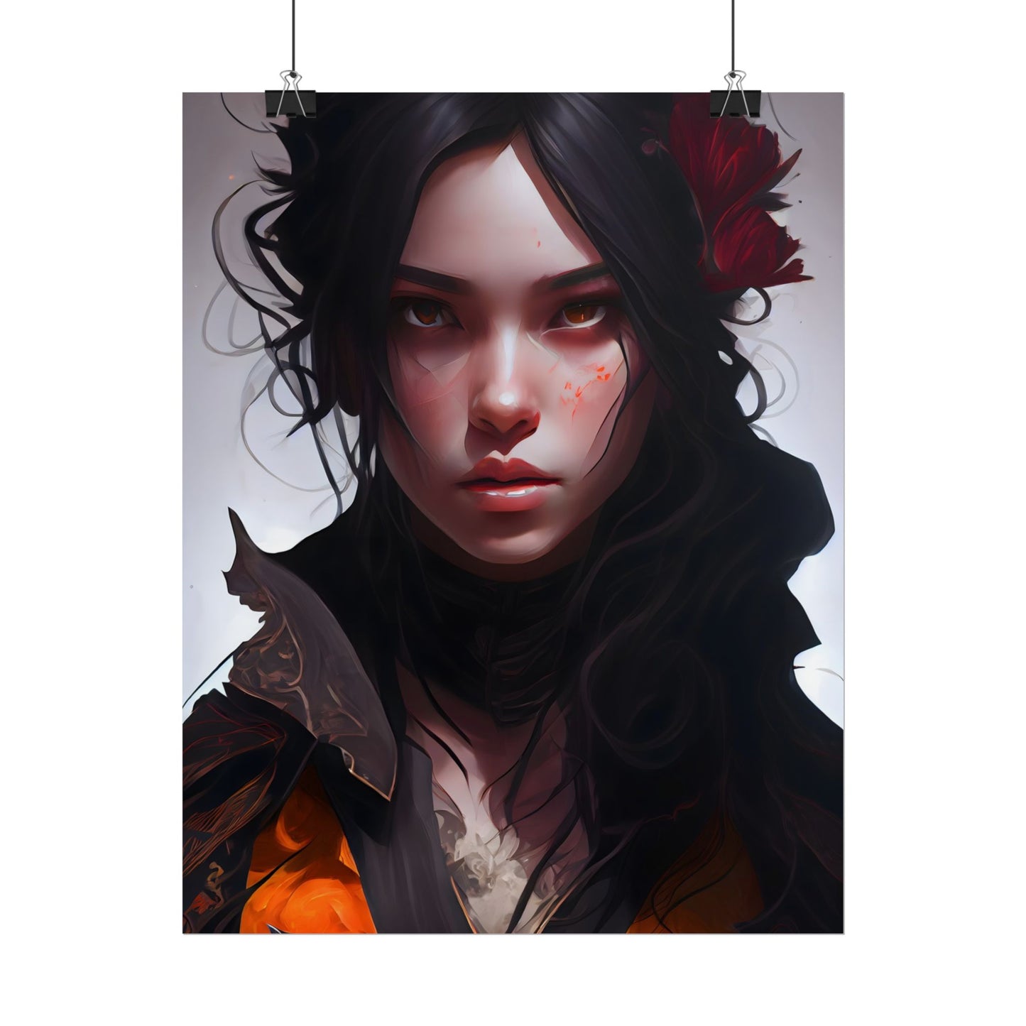 Black Hair Female Portrait: Elegant Dress Artwork - Poster