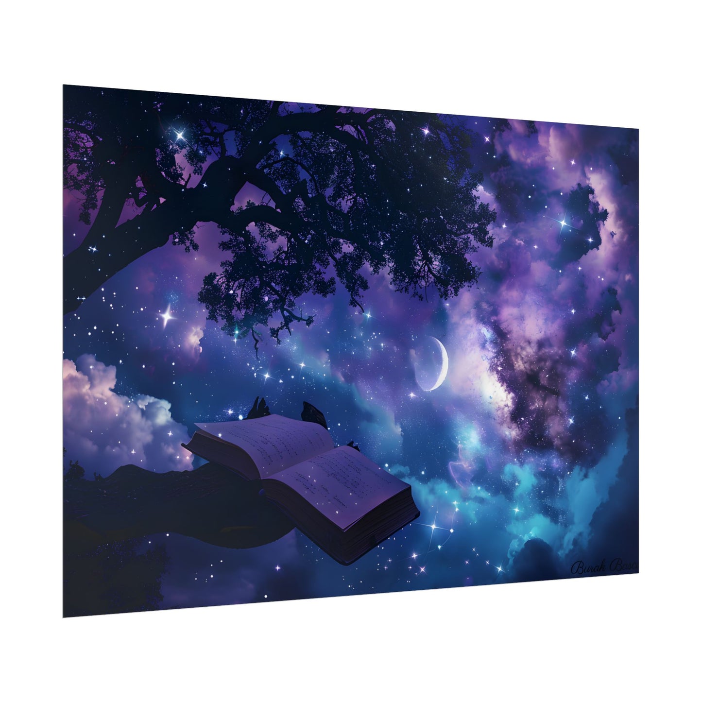 Mystical Night Sky: Celestial Dreams with Crescent Moon Art - Poster