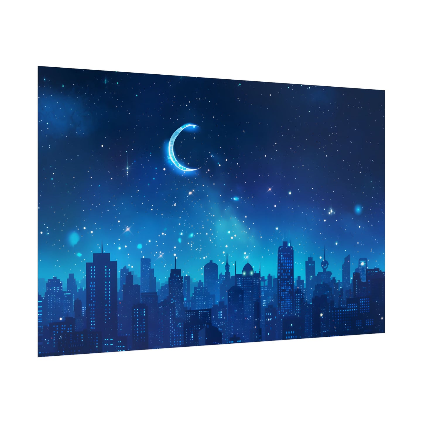 Peaceful Night Sky with Crescent Moon: Starry Digital Art - Poster