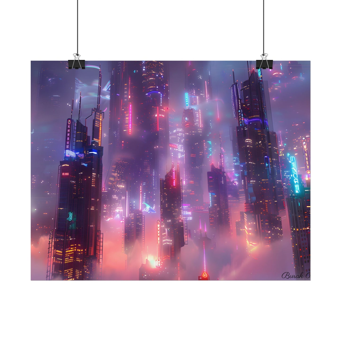 Neon Futuristic Cityscape: Graphic Modern Art - Poster