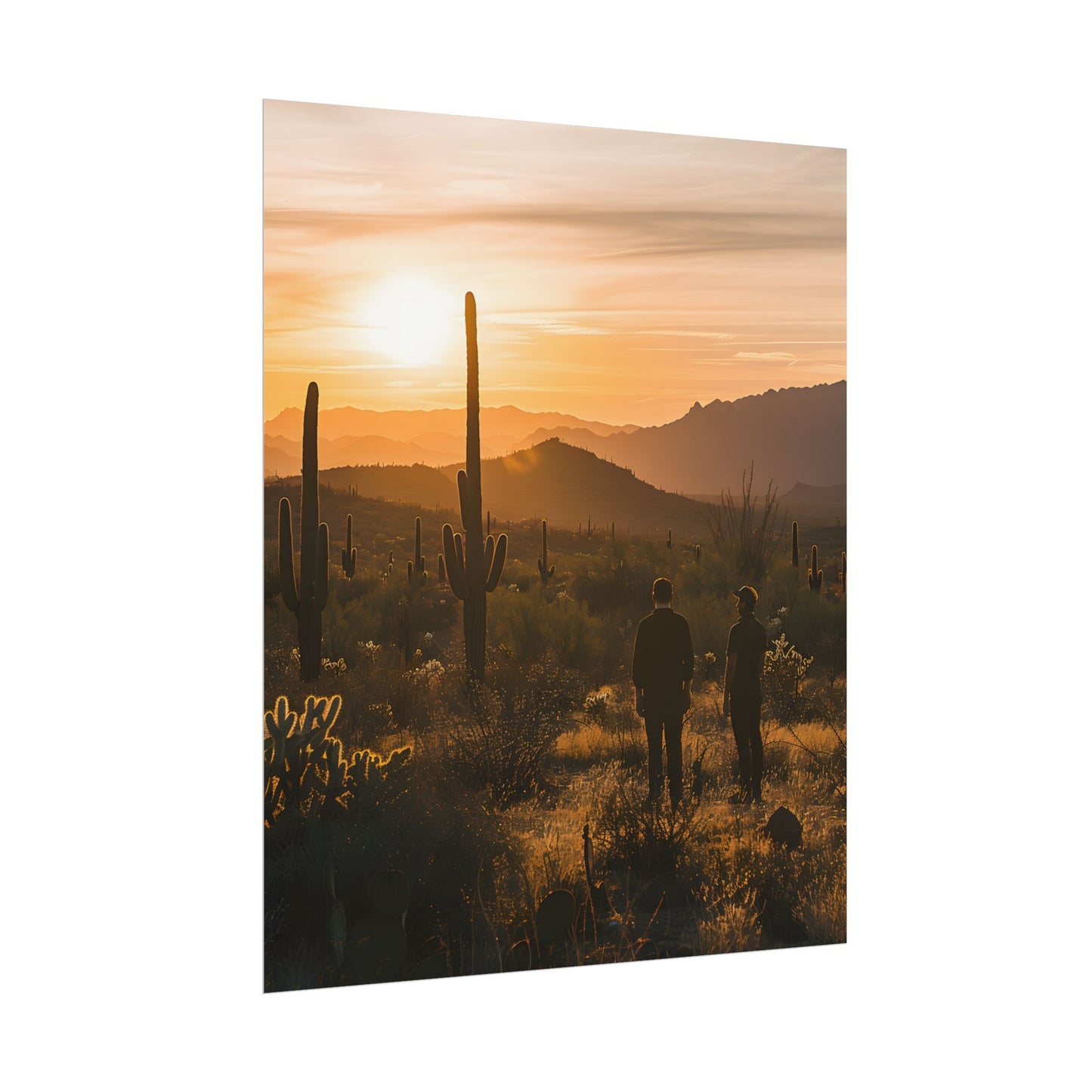 Desert Sunset Serenity: Two Friends Standing Together - Poster