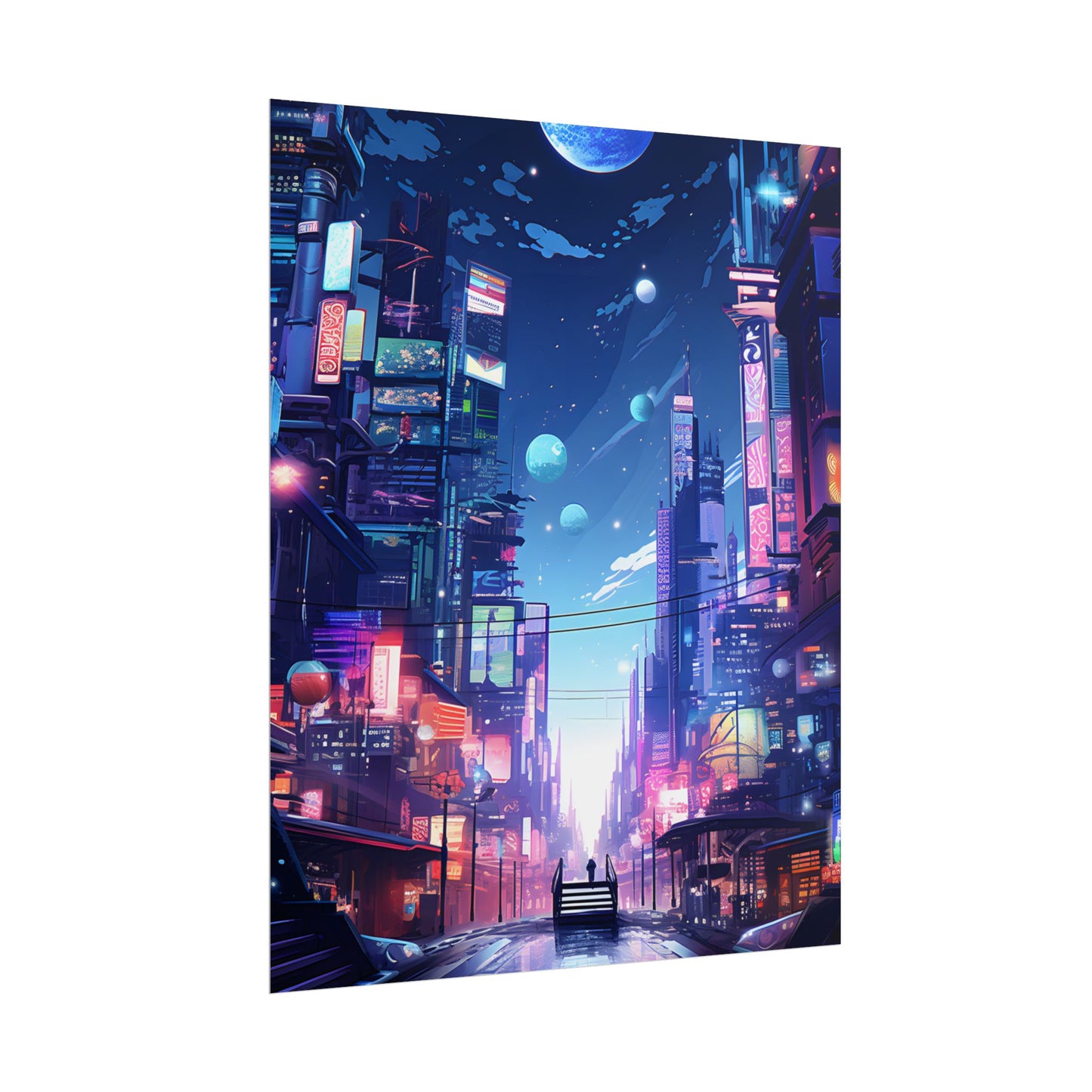 Melancholic Night in Cyberpunk City: Urban Landscape Art - Poster