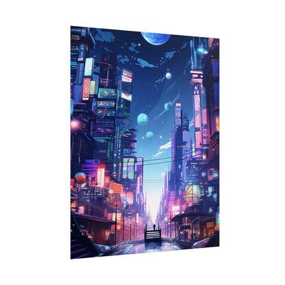 Melancholic Night in Cyberpunk City: Urban Landscape Art - Poster