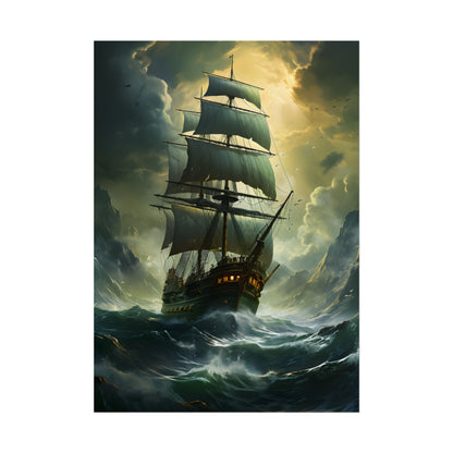 Green Realism: Majestic Ship Oil Painting - Poster