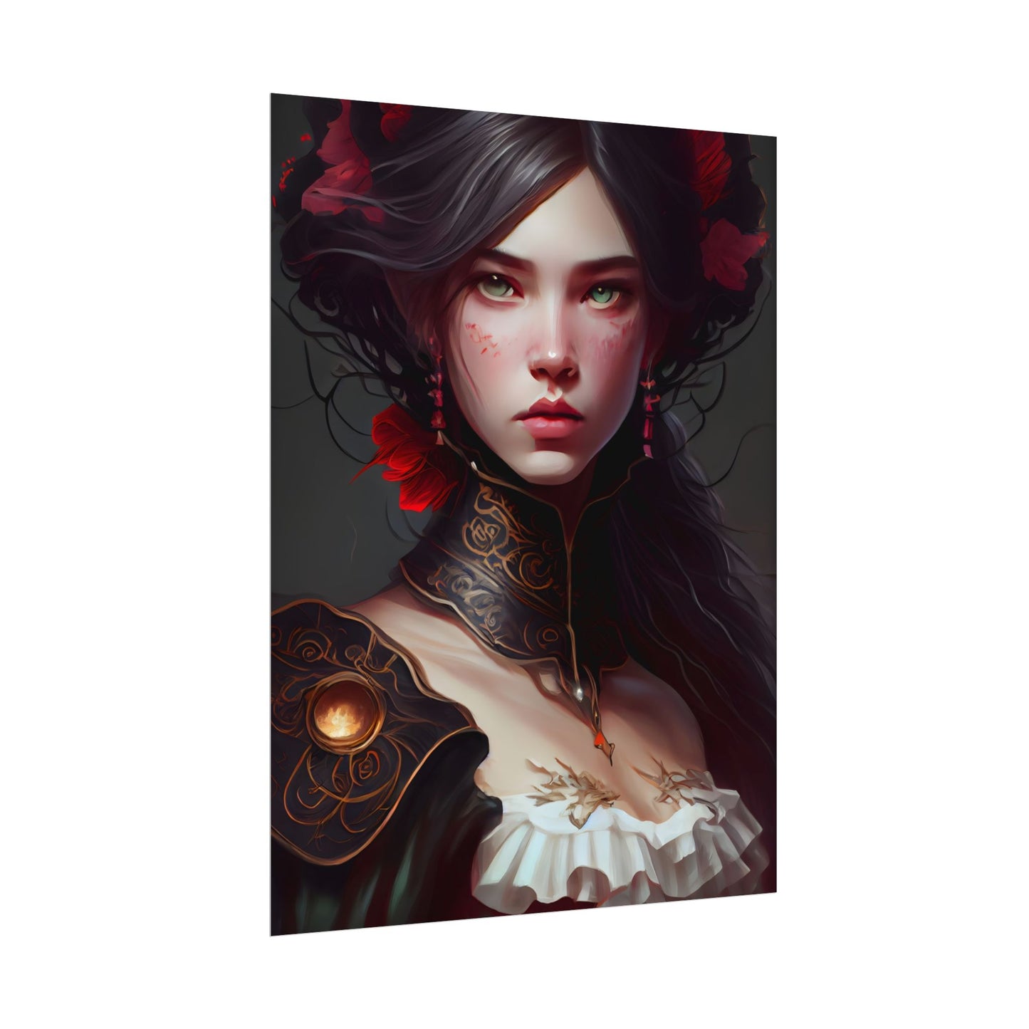 Elegant Black Hair Portrait in White Dress - Poster