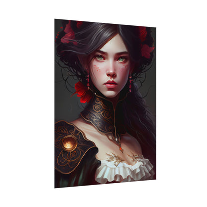 Elegant Black Hair Portrait in White Dress - Poster