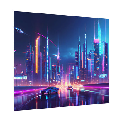 Futuristic City Glow: Neon Lights Digital Art - Poster