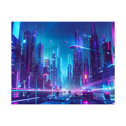 Futuristic Neon City: Towering Skyscrapers in a Vibrant Nighttime Sky - Poster