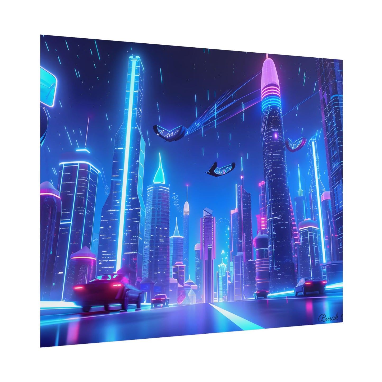 Vibrant Futuristic Cityscape: Neon Lights at Night Digital Artwork - Poster