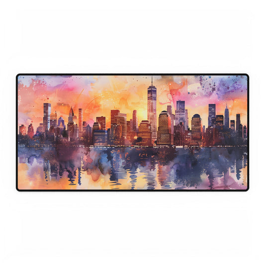 Watercolor NYC Sunset: City Skyline at Golden Hour - Desk Mat
