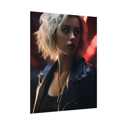 Cyberpunk Blonde: Closeup Portrait in Neon Hues - Poster