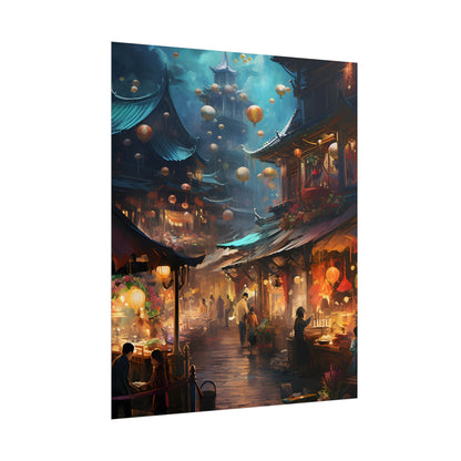 Enchanted Street Food Market: Vibrant Evening Artwork - Poster