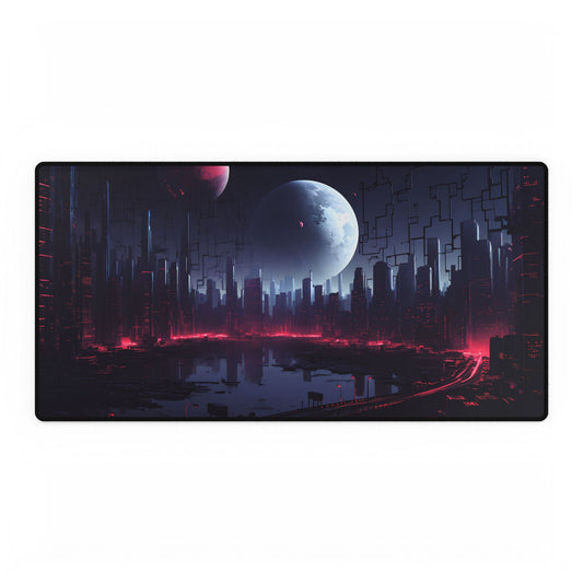 Cyberpunk Melancholy: Dark Cityscape at Night - Desk Mat