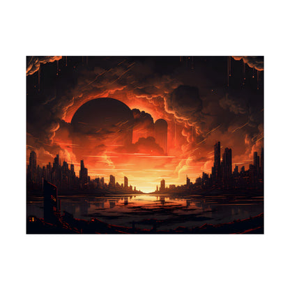 Futuristic Cyberpunk Night: Burning Cityscape Landscape Art - Poster