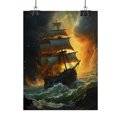 Mostly Green Seascape: Magnificent Oil Painting of a Ship - Poster