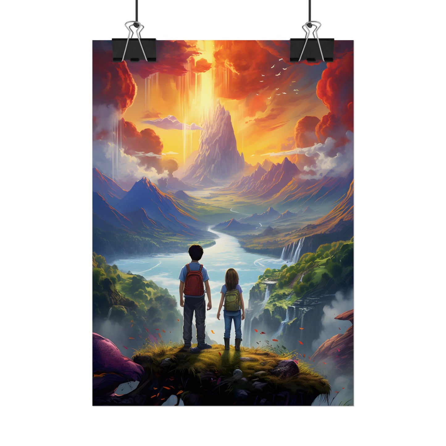 Girl, Boy, Meadow: A Peaceful Cloudy Day Artwork - Poster