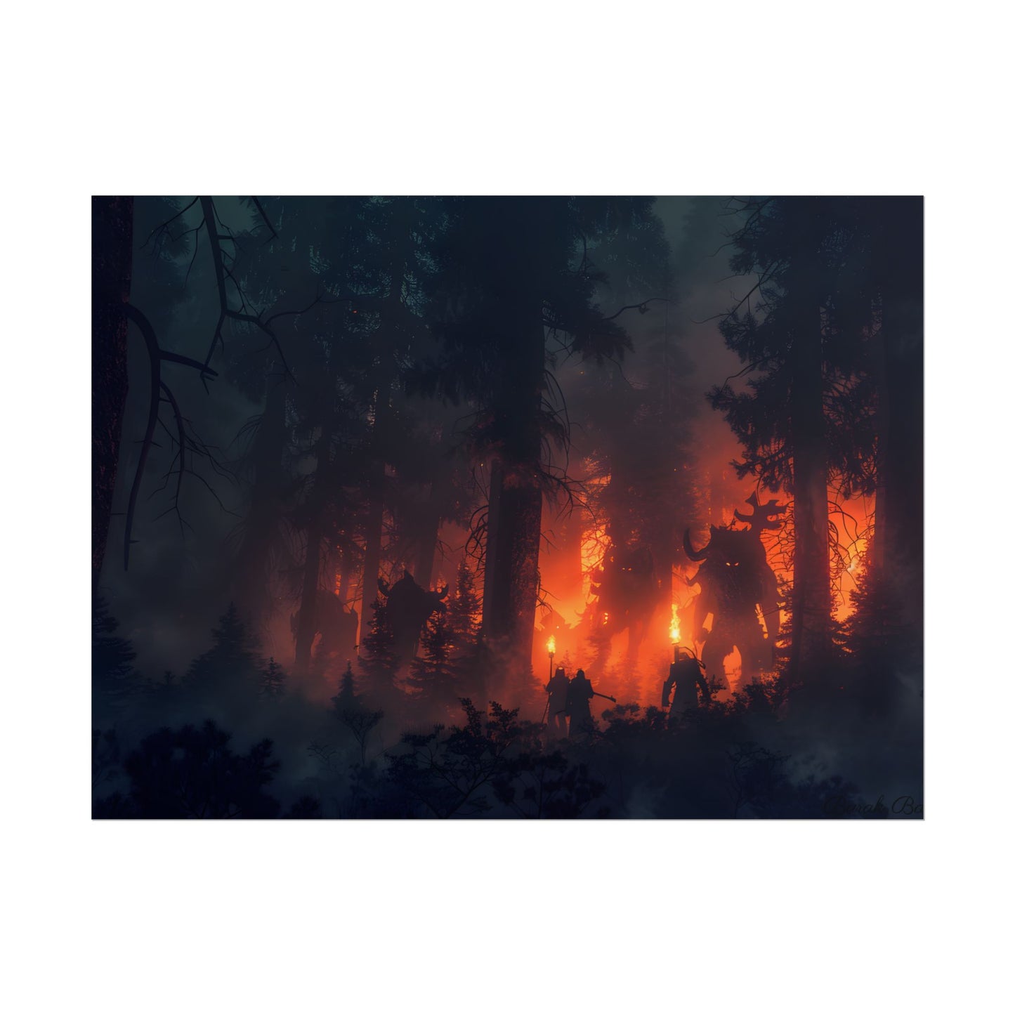 Misty Sunset Gathering: A Group in Nature's Embrace - Poster