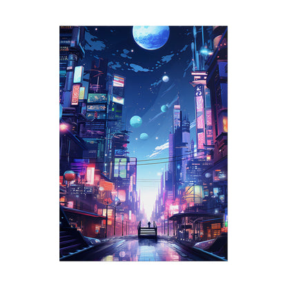 Melancholic Night in Cyberpunk City: Urban Landscape Art - Poster
