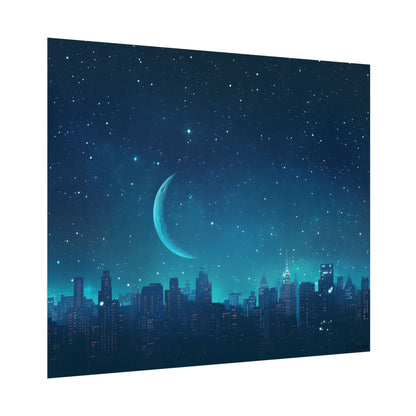 Starry Night Sky: Tranquil Dark Blue Scene with Crescent Moon - Poster