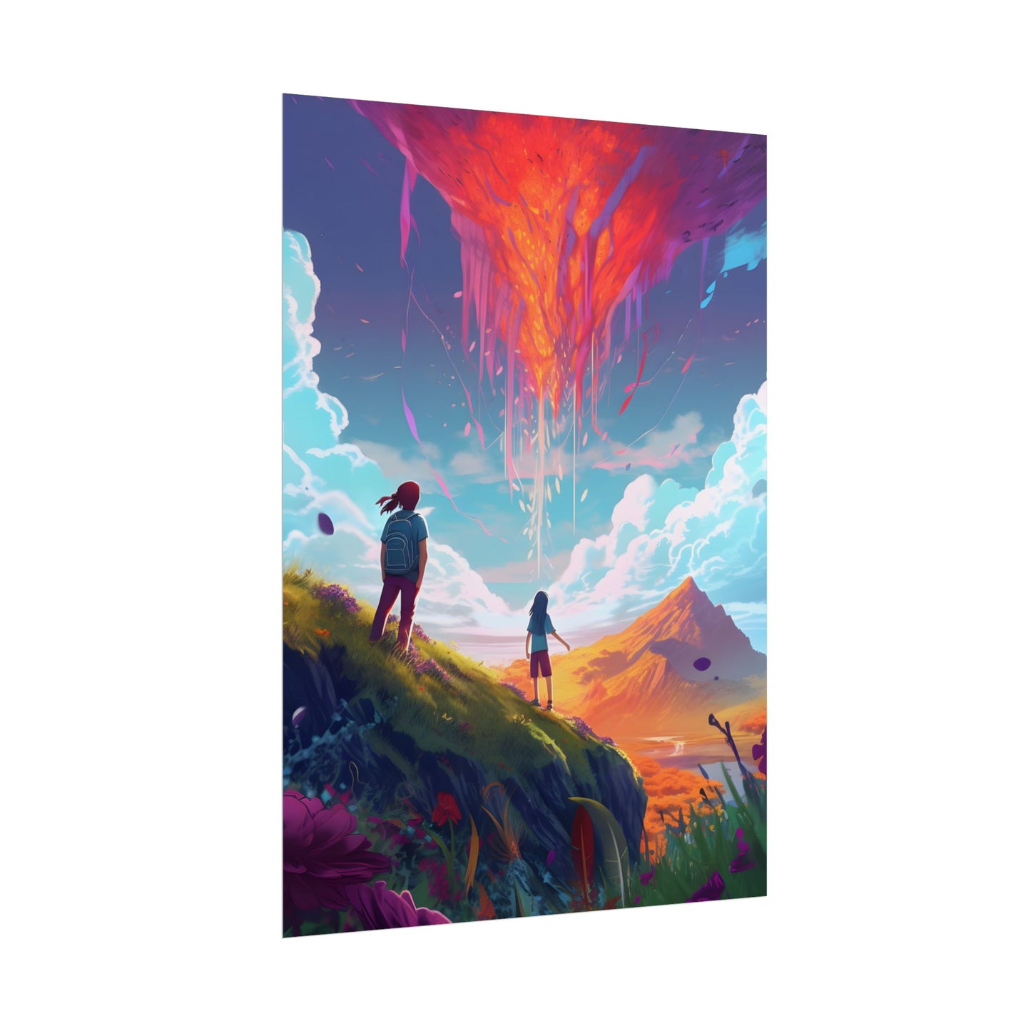 Children's Serene Moment: Meadow Under a Cloudy Sky - Poster