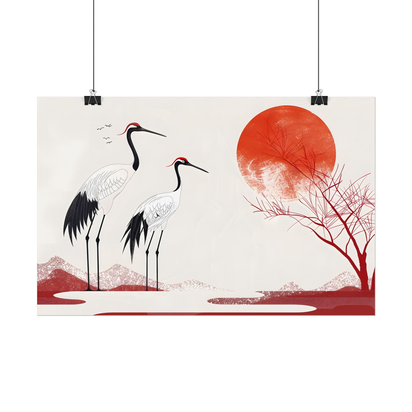 Serene Landscape with Cranes: Amidst Nature's Tranquility - Poster