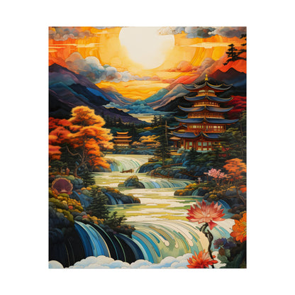 Peaceful Japanese River Landscape with Flowers: Serene Artwork - Poster