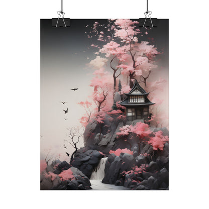 Ash Magenta Masterpiece: Rugged Landscape with Moss Green Forest - Poster