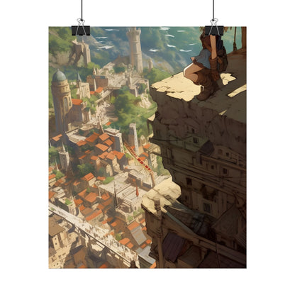 Dramatic Anime Bird's Eye View: Blonde Female in Action with Flying Birds - Poster