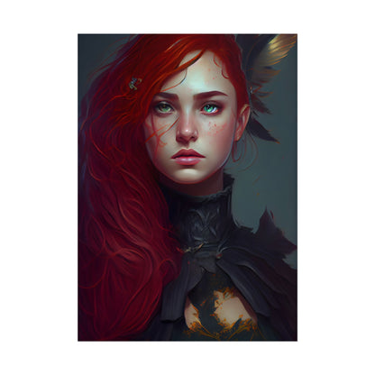 Vibrant Female Portrait: Red Hair Beauty in Neutral Dress - Poster