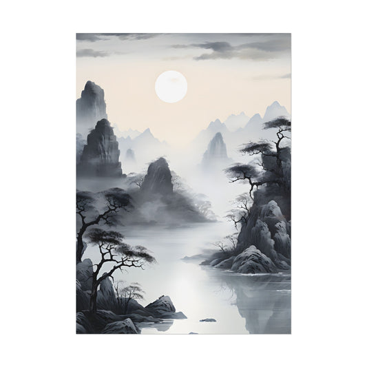 Chinese Ink Serenity: Mirrored Lakes Landscape Art - Poster