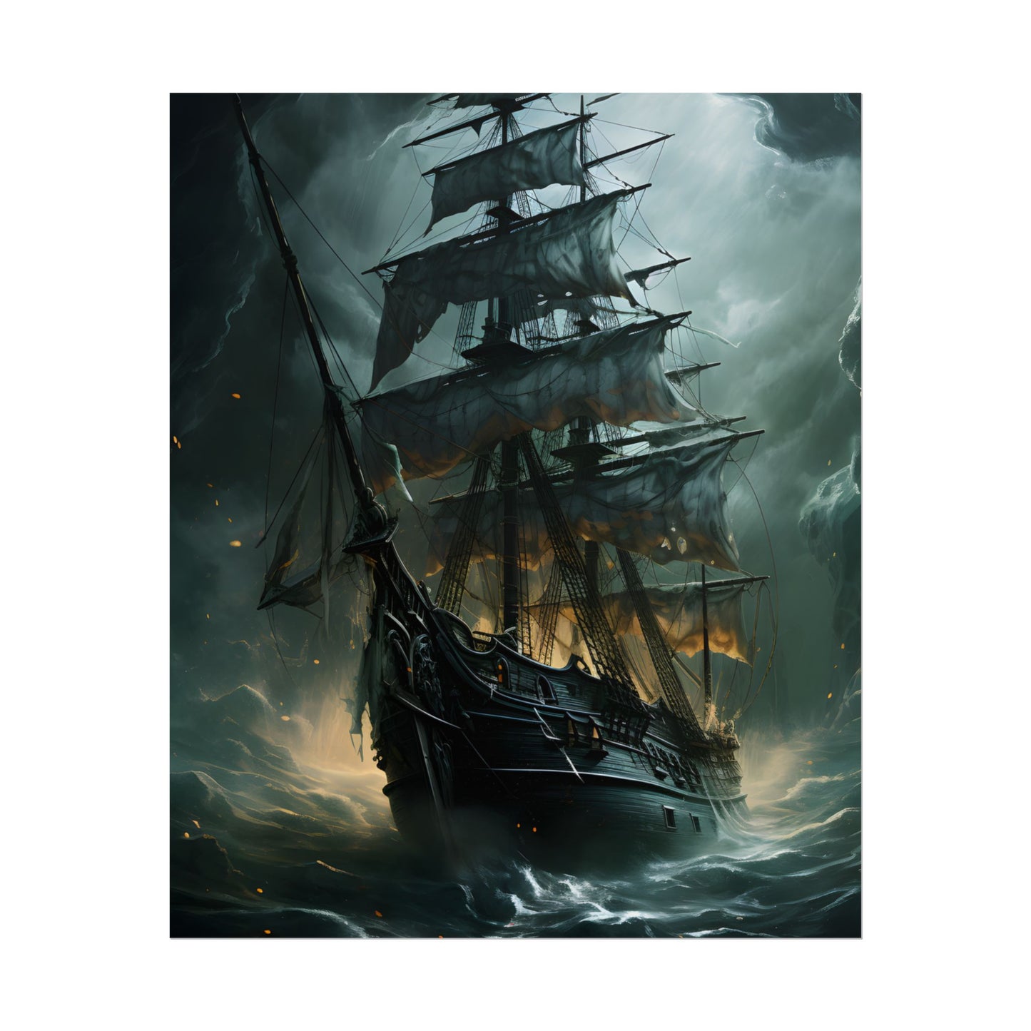 Ghostly Pirate Ship: Sailing Solo in Eerie Blue Skies - Poster