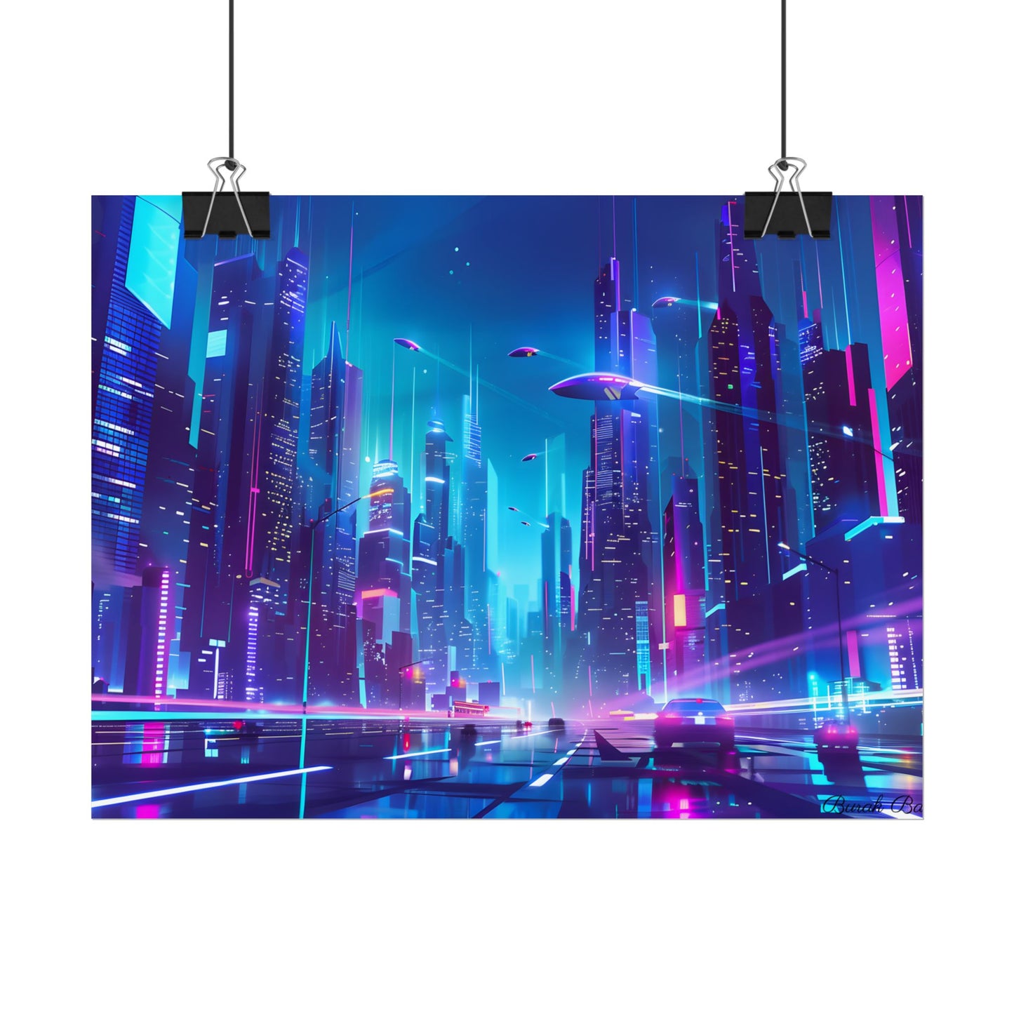 Futuristic Neon City: Towering Skyscrapers in a Vibrant Nighttime Sky - Poster