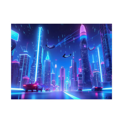 Vibrant Futuristic Cityscape: Neon Lights at Night Digital Artwork - Poster