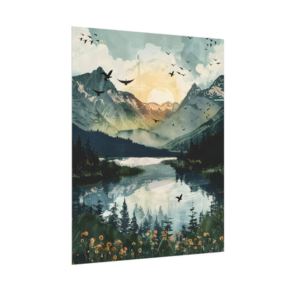 Serene Mountain Lake: Birds in Flight - Natural Art - Poster