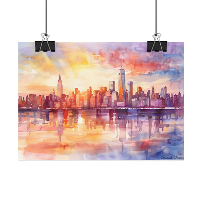 Watercolor Sunset New York City Skyline: Beautiful Artwork - Poster